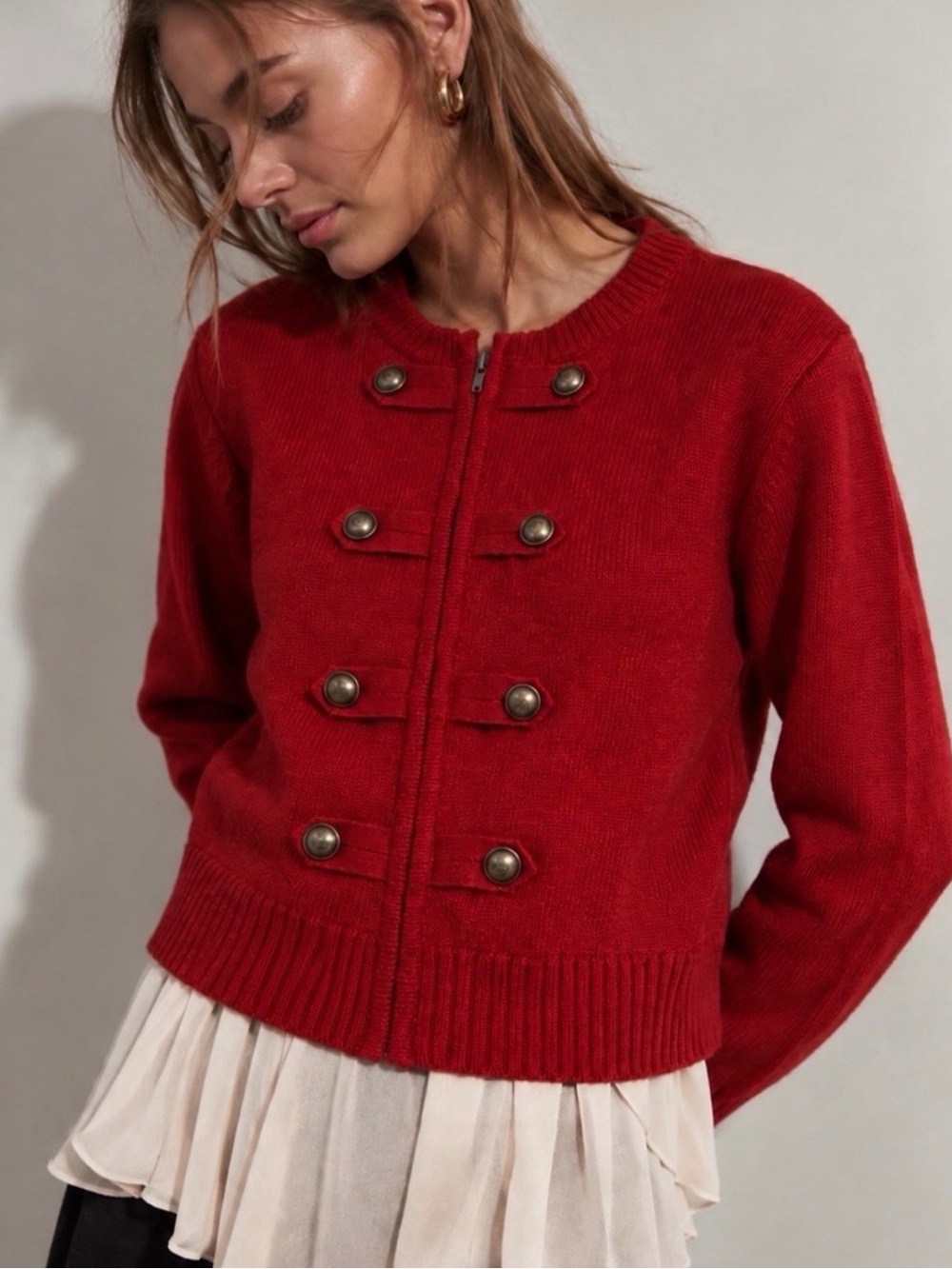 Vintage Northern Reflections Red Knit Military Band Cardigan Sweater Jacket M